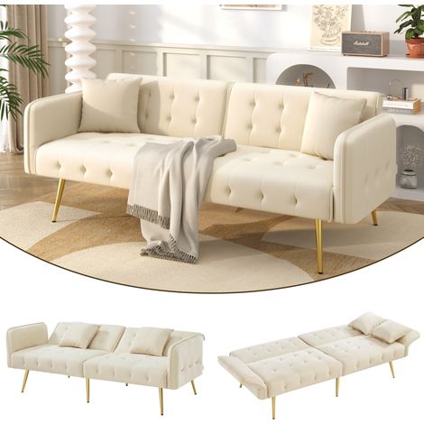 Canapé-lit convertible 2 places velours, dossier réglable, accoudoirs 6 positions,Beige (1/5)