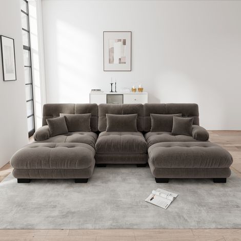 Canapé nuage modulaire en U marron - Grand canapé d'angle luxueux avec pouf et méridienne convertible, assise profonde en chenille pour salon (1/4)