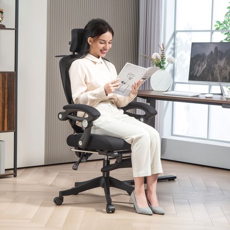 Silla de Escritorio de Malla Reclinable con Reposacabezas Soporte Lumbar Reposapiés y Altura Regulable Carga 135kg Negro (1/5)