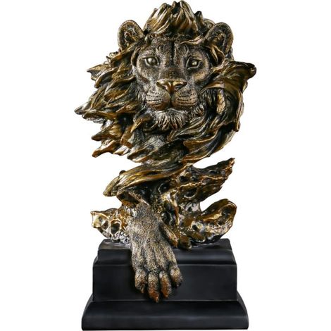 Figurine de tête de lion en bois de Lin, statue de lion en résine, figurine de tête d'animal pour bureau ou vitrine, objet d'art décoratif pour la maison ou le bureau, cadeau. (Or) (1/5)