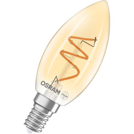 OSRAM Vintage 1906 Classic ist eine warmweiße, dimmbare LED-Lampe in Minikerzenform mit spiralförmigem Filament. Sie bietet 3.5 W, 300 lm, E14 Fassung, goldfarbenes Glas, 35 mm Durchmesser, 2200 K. (1/4)