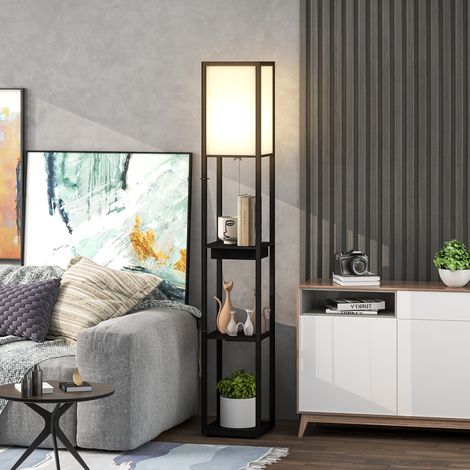 Stehlampe mit 3-stufigem Regal, Fußschalter, USB-Anschlüssen, MDF, Schwarz