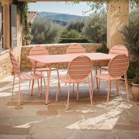 Ensemble table de jardin + 6 chaises rondes en métal terracotta - BACA