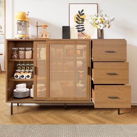 Buffet 2 portes coulissantes et 3 tiroirs, étagères réglables, meuble de rangement style champêtre, idéal salon et salle à manger. Dimensions : L140/H91/P37 cm (1/5)