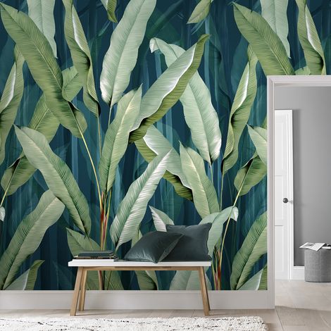 Papier peint panoramique Feuilles Été 280 x 200cm Vert, Bleu