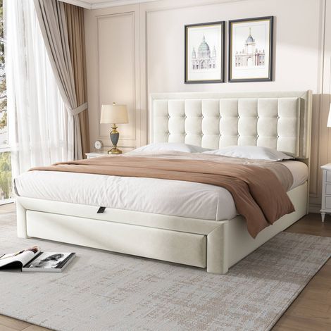 Lit coffre hydraulique 140x190 cm en velours beige avec tête de lit réglable, 2 tiroirs, sommier à lattes inclus, lit double rembourré avec rangement, sans matelas (1/5)