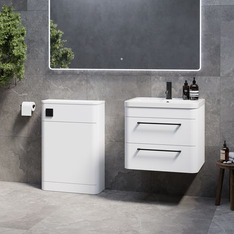 Oslo Gloss White 1150mm Wall Mounted Vanity Unit Toilet Suite with Anya Basin - 1150mm - Matt Black 320mm HandleWithout Jubilee Toilet Pan