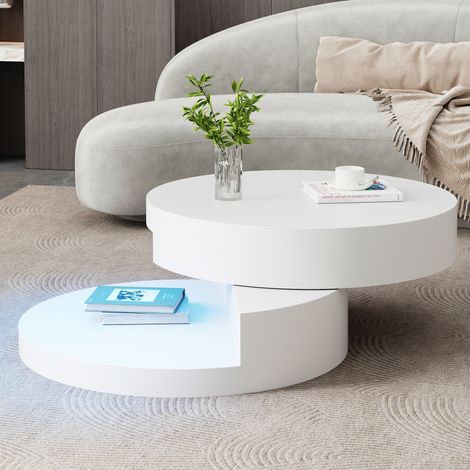 Mesa de centro redonda blanca giratoria de 360 grados con LED, estructura de 2 capas, para dormitorio y salón, MDF, 70 × 70 × 35 cm (1/5)