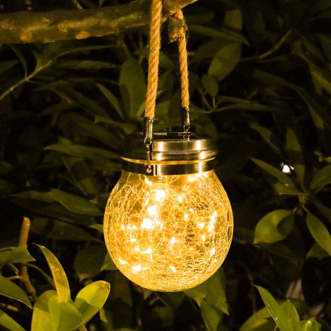 Hängende Solar-Laternenlichter für den Außenbereich, wasserdichte runde Kugellichter aus gesprungenem Glas, Solar-Gartenkugel, warmweißes LED-Licht, Außendekoration (1/5)