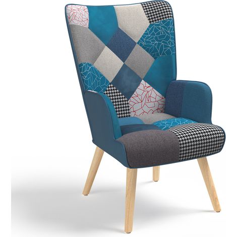 Idmarket – Fauteuil cabriolet scandinave en velours bleu – Assise rembourrée – Dimensions L.58 x l.67 x H.94,5 cm – Design patchwork élégant