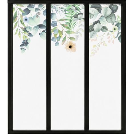 Verrière atelier intérieure aluminium noir 3 vitrages 102 x 117 cm - Décor végétal - Flowers in Rain - vert et transparent - Verre trempé (1/5)
