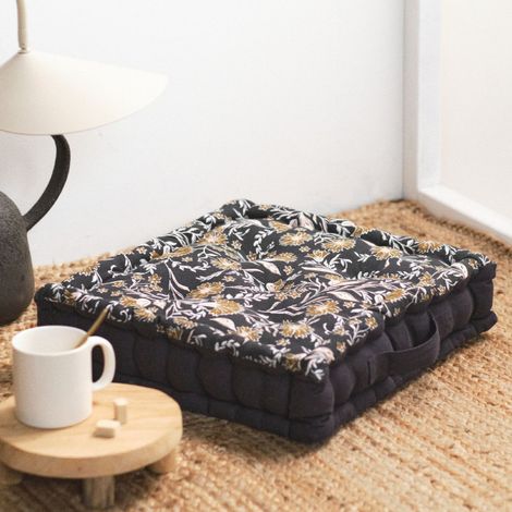 Coussin de sol carré en coton "Indies" à motif floral - Noir - 40 x 40 cm - Livraison gratuite