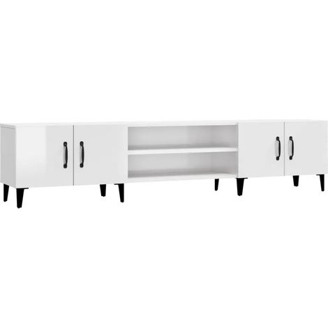 Meuble TV design épuré rangement 180 x 31 x 40 cm en bois d'ingénierie blanc brillant