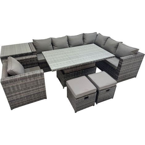 Fimous 9 Seater Rattan Height Adjustable Rising Lifting Table Corner Sofa Sets with Chair Side Table 2 Small Stools Dark Grey Mixed (1/5)