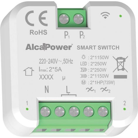 Alcapower Smart Switch 230V AC Doppio Canale 2x1150W Modulo Domotico Intelligente per Carichi Resistivi e Induttivi Dimensioni Compatte 44x44x22mm (1/2)