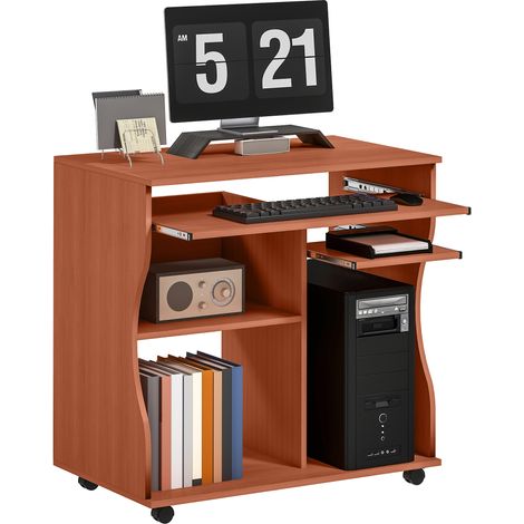 Multi-Storage Compact Work Desk, with Wheels - Cherry Wood Colour