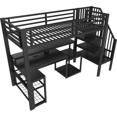 Metall-MDF-Hochbett 90 x 200 cm in Schwarz mit Schreibtisch, Stauraum, LED und USB (1/5)