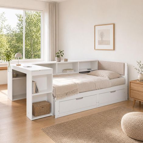 Cadre de lit extensible 90x200cm avec bureau, coin lecture, prise électrique européenne et 2 tiroirs de rangement sous le lit, lit gain de place tout-en-un avec sommier à lattes, blanc mat, garanti...