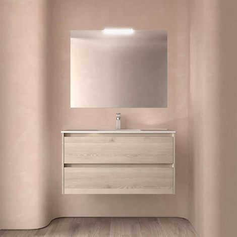 Meubles de salle de bains NOJA 1000 2 tiroirs NATURAL + Plan vasque + Miroir (1/2)