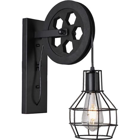Applique murale rustique à 2 lumières avec poulie de levage et abat-jour en cage de fer mat, style industriel mi-siècle, pour éclairage intérieur de type grange ou restaurant (couleur noire) (1/5)
