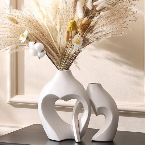 Ensemble de deux vases en céramique blanche en forme de cœur - décoration intérieure bohème moderne - un cadeau original pour (1/5)