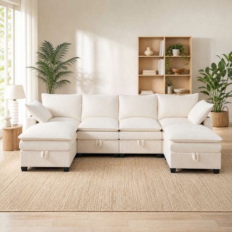Divano angolare modulare in velluto a coste beige, 280 x 152 x 83 cm HAVRYA (1/5)