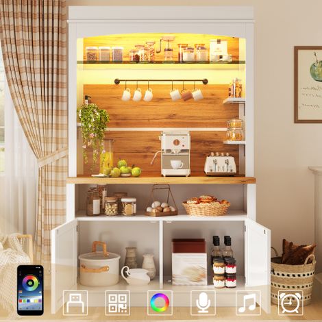 Mobile alto con illuminazione a LED e ripiano in vetro, credenza alta 184 cm con asta appendiabiti, colore bianco, portata massima 60 kg. (1/5)