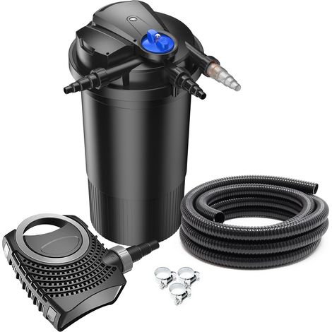 SunSun Komplettset: CPA-15000 Teichdruckfilter bis 30000 L mit 18 Watt UV-C Teichklärer, NEO10000 SuperECO Teichpumpe 10000l/h 80W, 10m Teichschlauch 38 mm (1 1/2"), Schlauchschellen W1 44-47mm