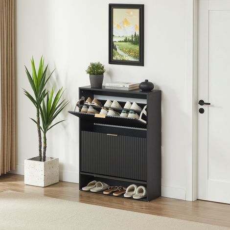 Armoire à chaussures 80x24cm avec façade cannelée – Tableau décoratif, table d'entrée noire, stabilisateur anti-bascule, hauteur réglable, meuble d'entrée compact. (1/5)