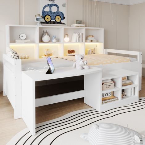 Lit combiné enfant 90x200 cm avec bureau intégré,rangements,LED,2 ports USB et prise,étagères multiples,bois massif blanc