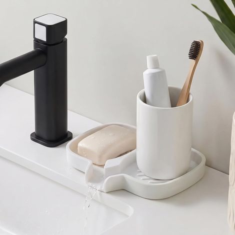 Jabonera de silicona de doble cavidad, con drenaje automático, blanca  Soporte para jabón de ducha con ventosa, jabonera apta para baño, cocina y bañera. (1/5)
