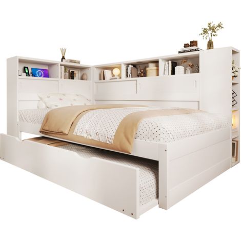 Cama infantil 90x200 cm con cama nido extraíble, almacenaje en cabecero y lateral, puerto USB, estilo blanco moderno y estable, ideal para dormitorio - CHICFURN (1/5)