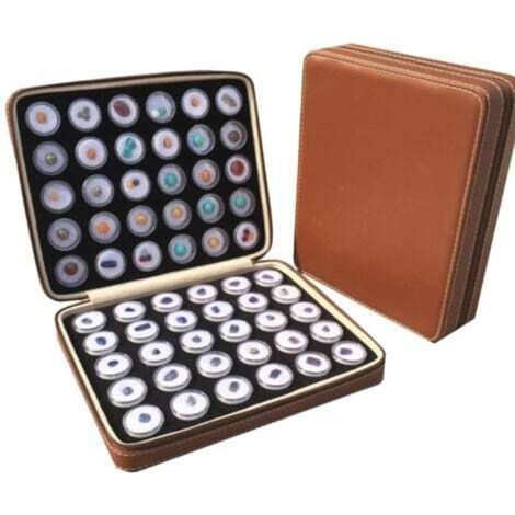 [NON UTILIZZATO] Marron, boîte de présentation de 60 diamants en pierre, boîte de rangement de collection en cuir