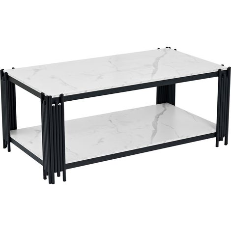 Rechteckiger Couchtisch mit Metallbeinen, Tischplatte in Marmorierung, moderne Wohnzimmermöbel, weiß-schwarz – H46/B1140/T64 cm (1/5)