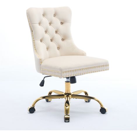 Chaise de bureau à domicile, chaise de bureau moderne en velours capitonné avec boutons et base en métal doré, chaise de bureau réglable pivotante (beige), DE1923BG (1/5)