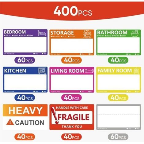 400 Étiquettes de Déménagement Grand Format (8,9 X 5,1 cm) pour Cartons, 9 Couleurs Différentes, Étiquettes pour Cartons (1/5)