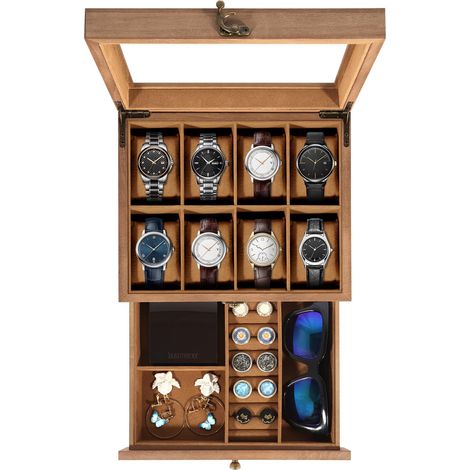 Boîte à Montres 8 Compartiments, 2 Niveaux Coffret à Montres en Bois, Couvercle en Verre, Coffret de Rangement pour Montres, Coussinets Coton de Soie, Doublure Marron, Idée Cadeau (1/5)