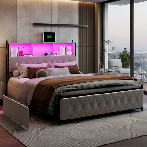 Lit 180x200 avec sommier LED et USB, lit double avec sommier à lattes et 4 tiroirs, tete de lits rembourré avec rangement, lits 2 places pour adultes, velours, beige (1/5)