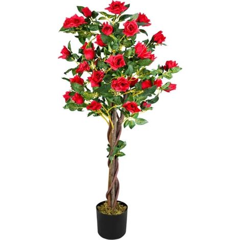 Rose artificielle en pot de 120 cm avec fleurs rouges, tige en bois naturel, décoration réaliste pour intérieur et extérieur (1/3)