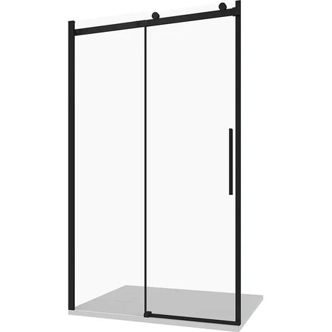 Porte de douche coulissante pour niche 110cm Profilés aluminium noir mat Verre transparent 8mm h195 avec traitement Easy-clean - Mod. réversible Creta