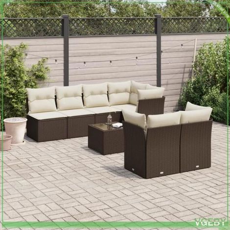 Salon de jardin - Ensemble modulable 8 pcs (3217303) - Résine tressée marron - Coussins crème déhoussables - Table verre trempé (1/3)