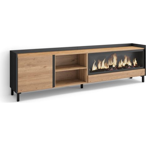 Skraut Home - Mueble TV, Televisión, Muebles de salón, almacenaje, 212x35x61cm, Para TV hasta 80", Chimenea eléctrica XXL, Diseño industrial, Estilo Moderno, Roble y negro (1/5)