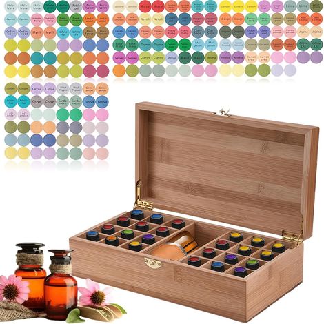 Boîte de rangement en bois pour huiles essentielles, 25 trous Boîte de rangement en bois pour huiles essentielles, Boîte en bois pour huiles essentielles avec autocollant pour huiles essentielles (1/5)