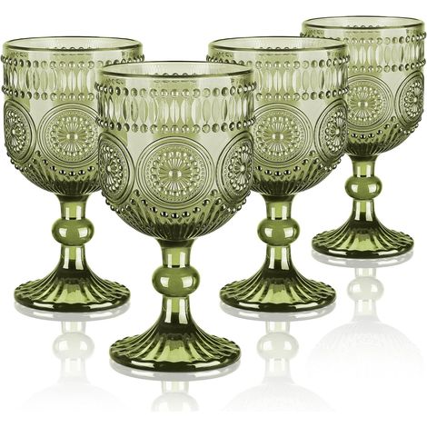 Verre à Pied - Lot de 4 - Verre Relief Floral - Design Baroque Rétro - Pour Vin Rouge et Apéritif - 350ml Vert (1/5)