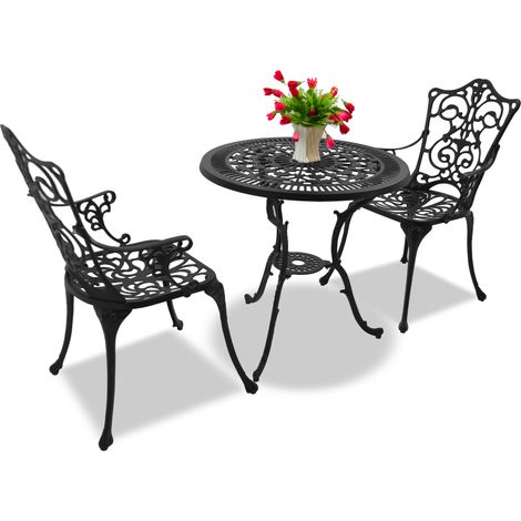 Homeology TABREEZ Garden & Patio Table & 2 Large Chairs with Armrests Cast Aluminium Bistro Set - Black (1/5)