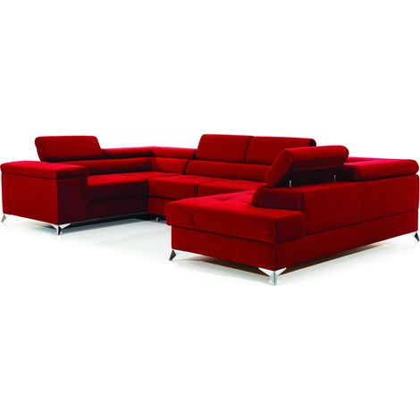 Les Tendances – Canapé panoramique convertible 6 places – Velours rouge – Têtières réglables – Coffre de rangement à droite – Surface de couchage 125x265 cm (1/3)