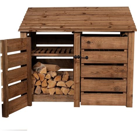Slatted wooden log store with door and kindling shelf W-146cm, H-126cm, D-88cm - brown finish