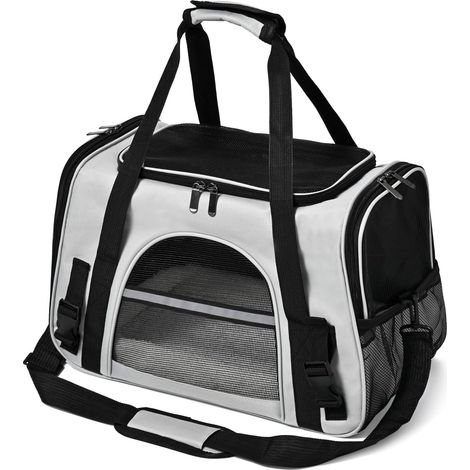 Sac de transport souple pour chats et petits chiens - Sac de voyage pliable jusqu'à 7 kg - Ventilation en maille - Dimensions : 44,5 x 26 x 29 cm - Gris et noir (1/5)