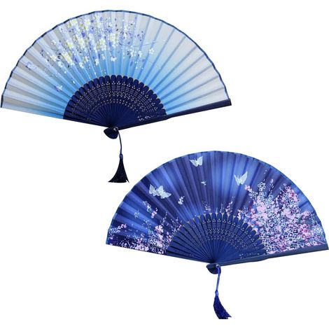 Set di 2 ventagli pieghevoli, con frange in seta e bambù, motivo a fiori di ciliegio e farfalle, ventaglio a mano, regalo per decorazioni di matrimoni e feste, in legno e tessuto.
