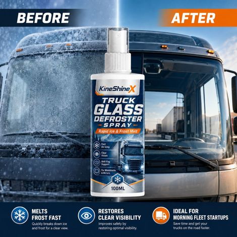 KineShineX Windschutzscheiben-Enteisungsspray für Logistik-Lkw schmilzt Eis und beschlägt und sorgt so für klare Sicht beim Fahren im Winter. (1/5)